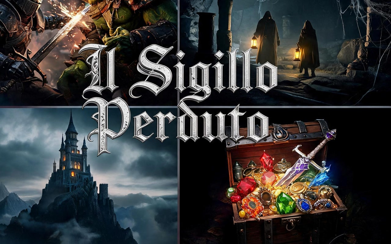 Immagine di copertina del Sigillo Perduto: un guerriero in armatura incrocia la spada con un orco, due incappucciati con lanterne in un sotterraneo, un castello fra le montagne e uno scrigno aperto pieno di gemme, attorno al logo del gioco.