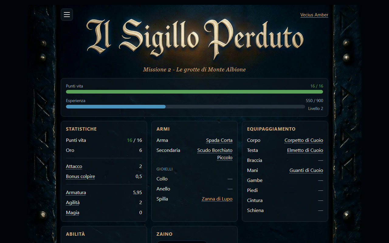 La scheda del personaggio sul web: punti vita 16 su 16, esperienza 550 su 900, livello 2, e le colonne statistiche, armi ed equipaggiamento.