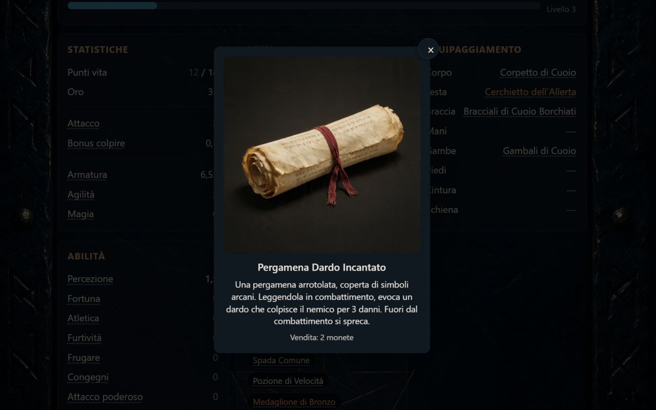La scheda web con la finestra di un oggetto aperta: la pergamena dardo incantato, con la sua illustrazione, la descrizione e il prezzo di vendita.